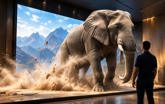 Un elefante en 3D sale de la pantalla ante una persona