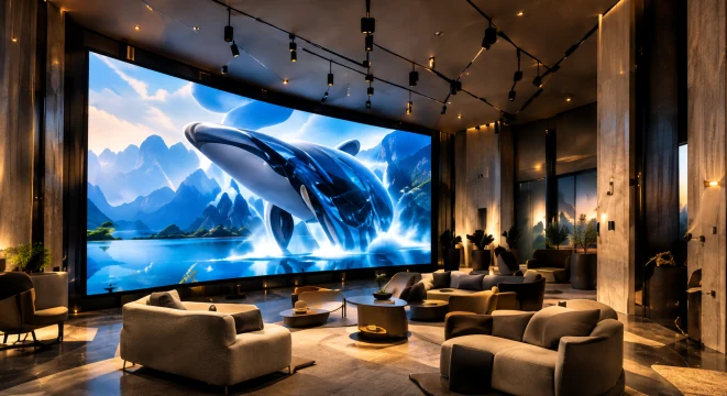 Una ballena en 3D en la pantalla de un salón