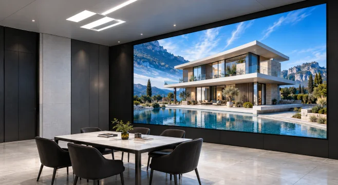 Una pantalla 3D con una casa en una sala de reuniones