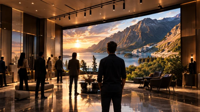 Visitantes ante una pantalla 3D en un espacio de marca