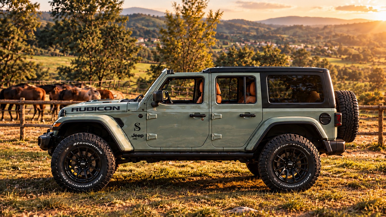 A light green Jeep Wrangler Rubicon in profile, in front of a fence with horses at sunset
