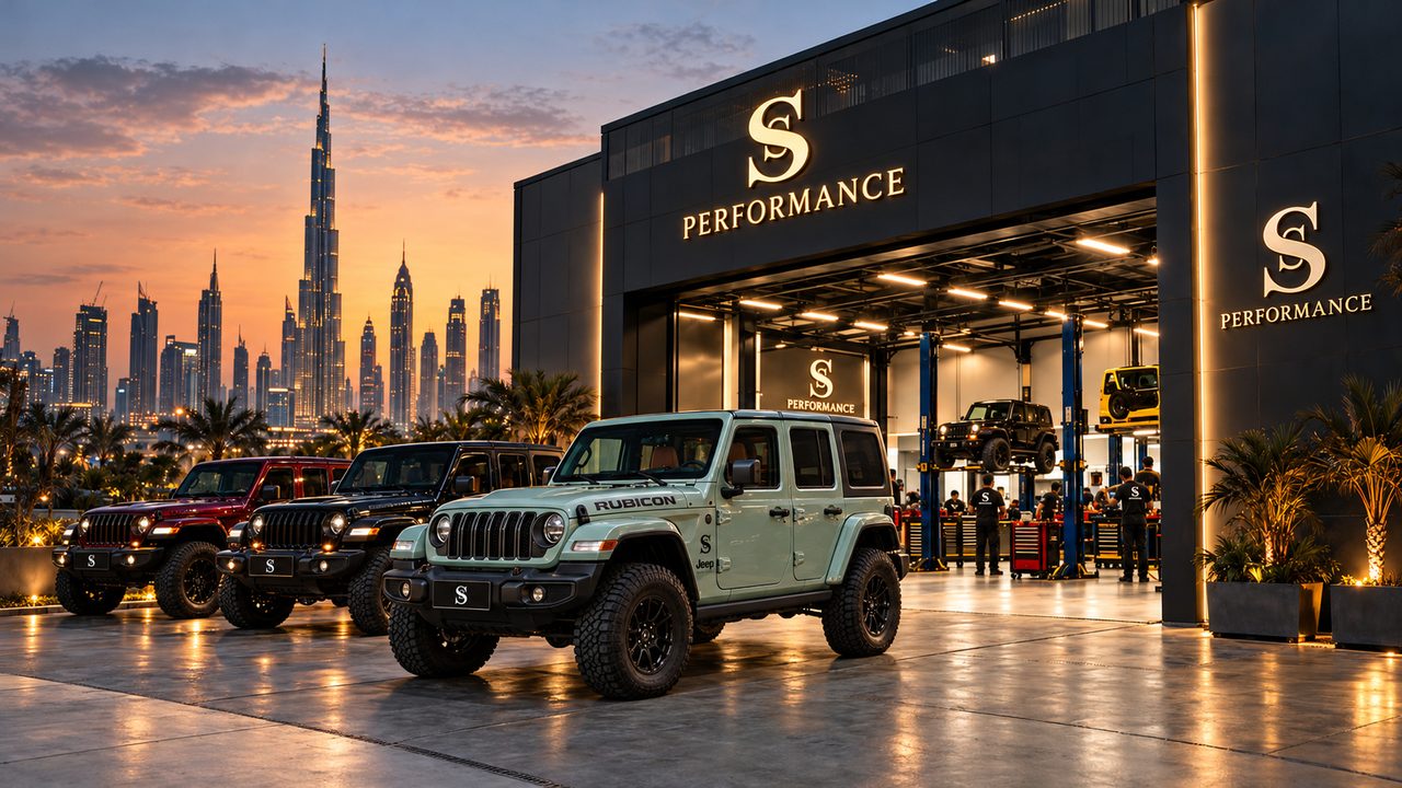The SS Performance centre in Dubai at sunset, with three Jeep Wranglers in front