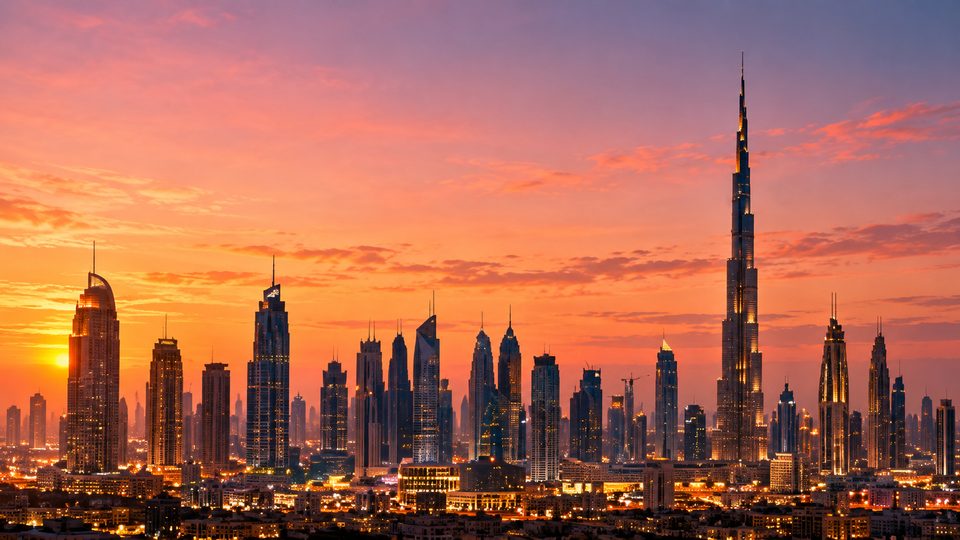 The Dubai skyline at sunset