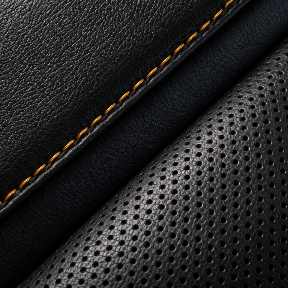 Interior: black leather with gold stitching
