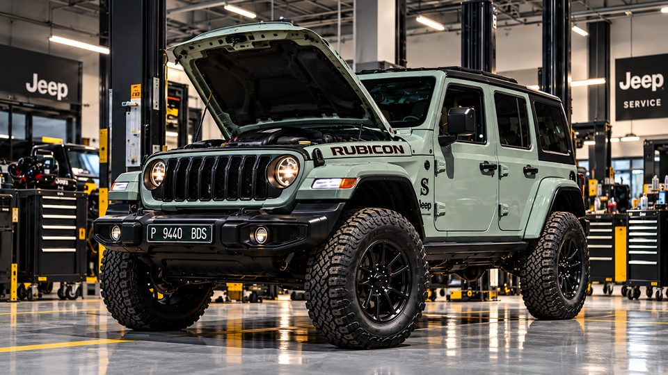 Official Jeep inspection: bonnet open in the workshop