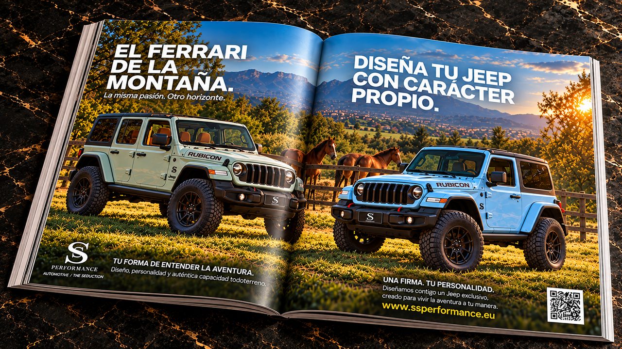 SS Performance double-page spread in Ferrari magazine: two Jeep Wranglers, one green and one blue, in a meadow with horses