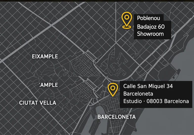 Mapa de Barcelona con el estudio en Calle San Miquel 34 (Ciutat Vella) y el showroom en Badajoz 60 (Poblenou)