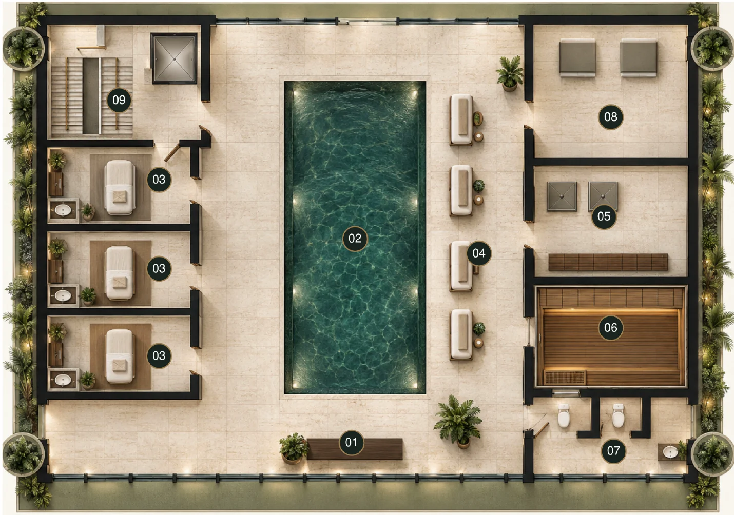 Distribución de la zona social: Spa & Wellness