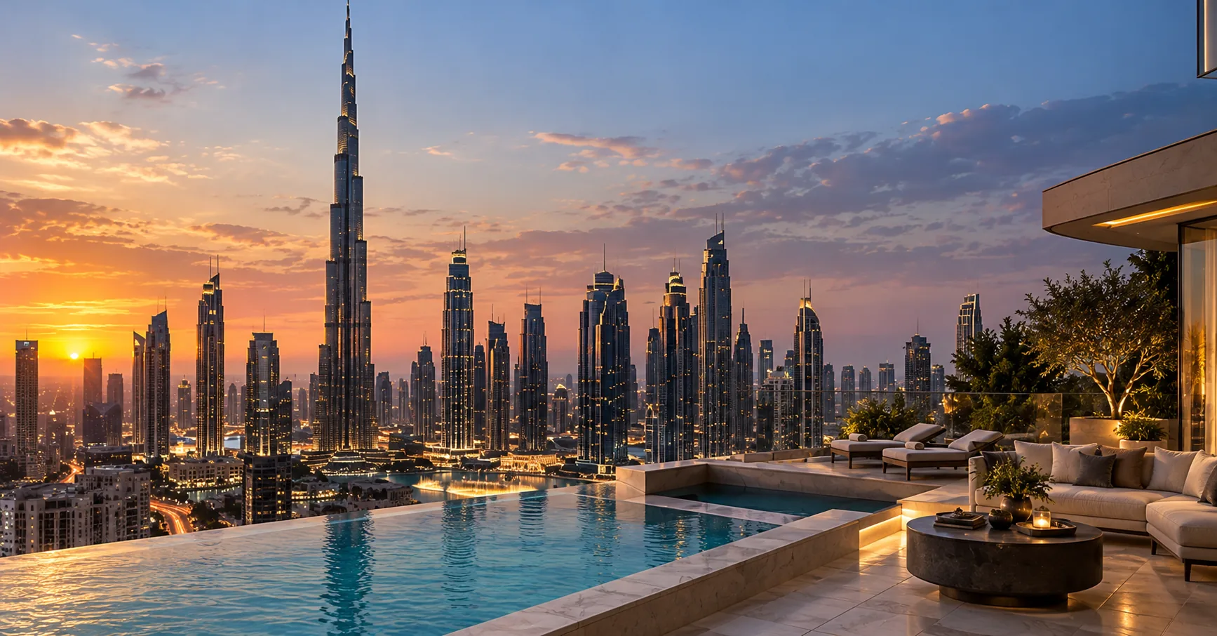 Horizonte de Dubái al atardecer visto desde una piscina desbordante