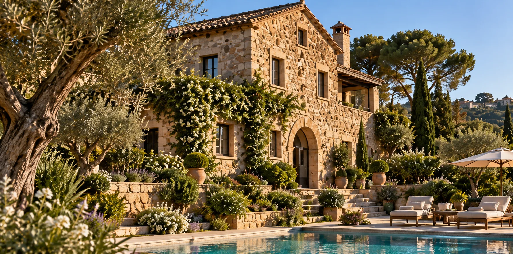 Masía de piedra rodeada de jardines, con piscina