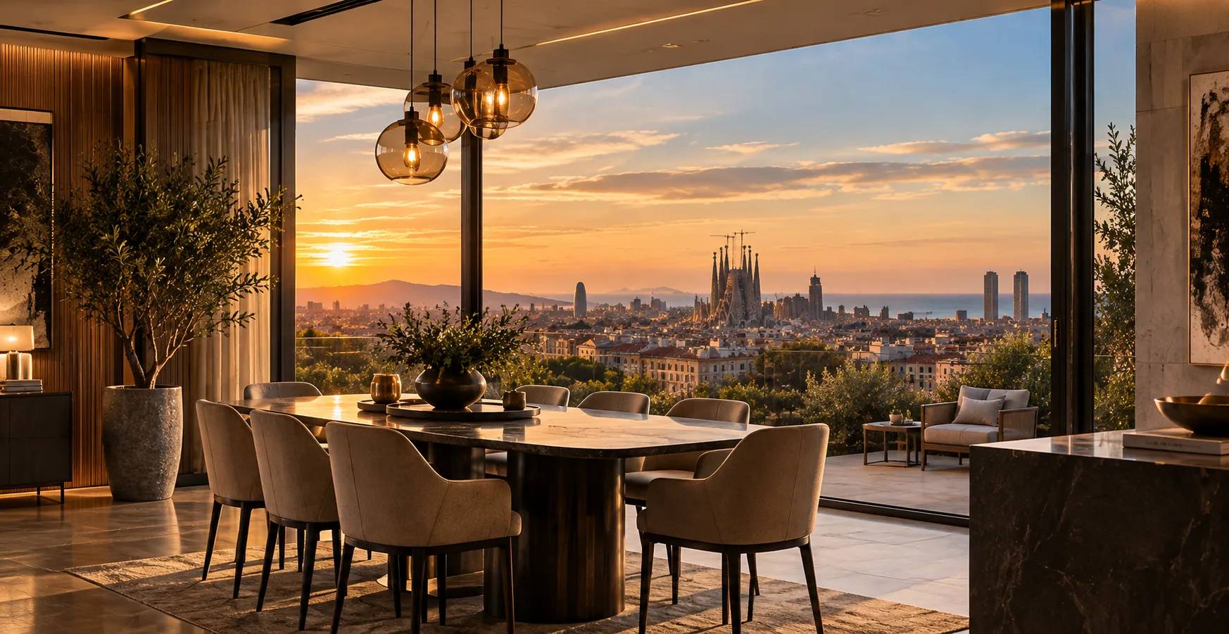 Dining room with city views at dusk