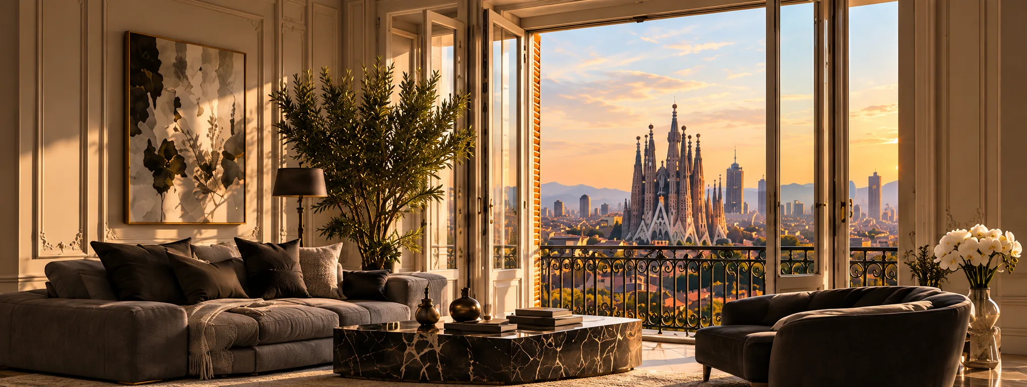 Living room with an open window onto the Sagrada Família