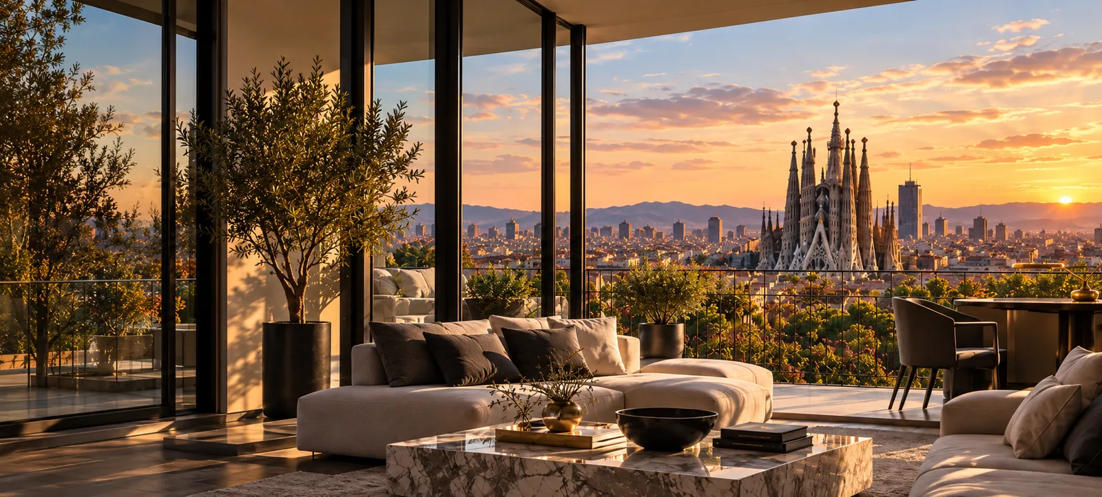 Living room with a marble table and a terrace overlooking the Sagrada Família at sunset