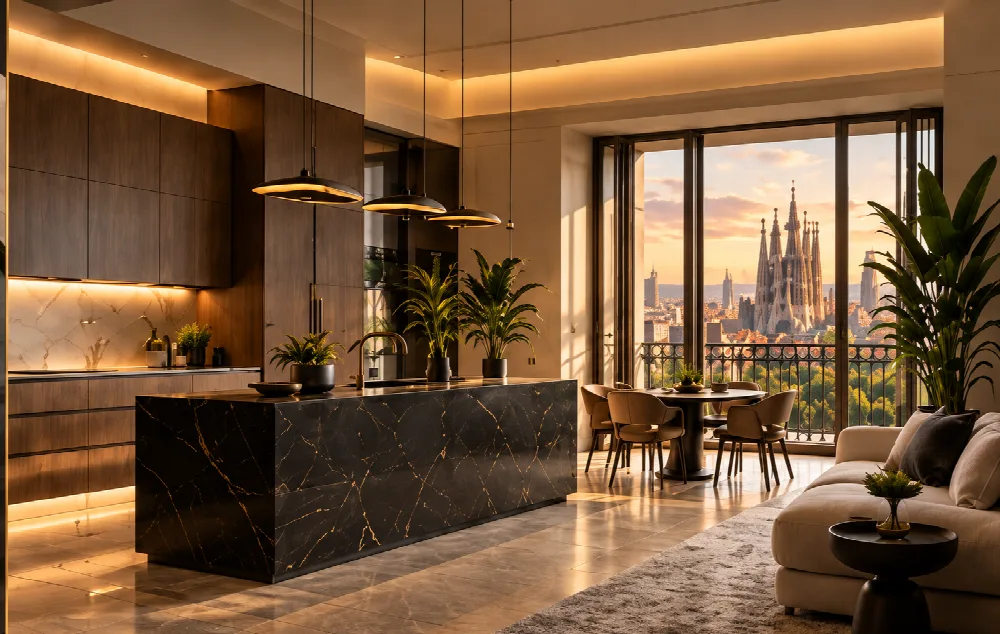 Renovated kitchen with a marble island and views over the city