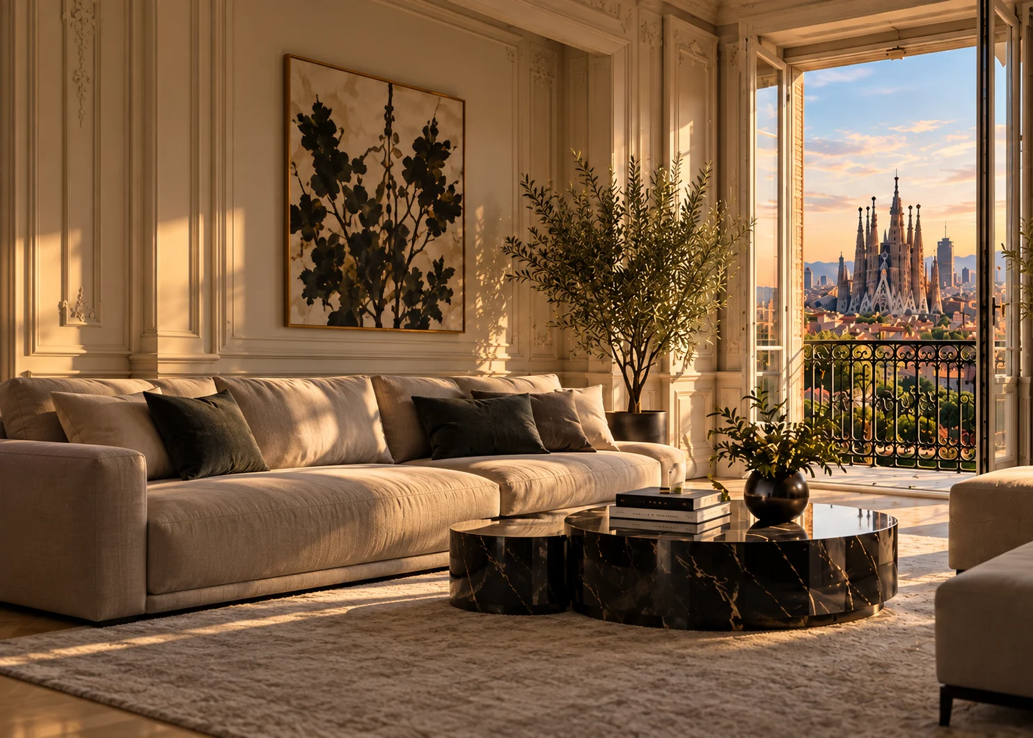 Classic living room with a balcony door open onto the Sagrada Família