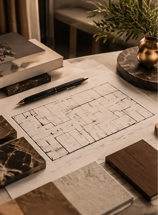 Plano con muestras de materiales y una pluma