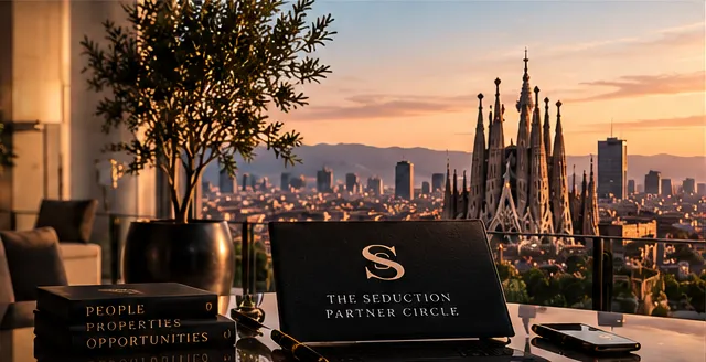 Table with The Seduction Partner Circle folder and books, overlooking Barcelona and the Sagrada Família