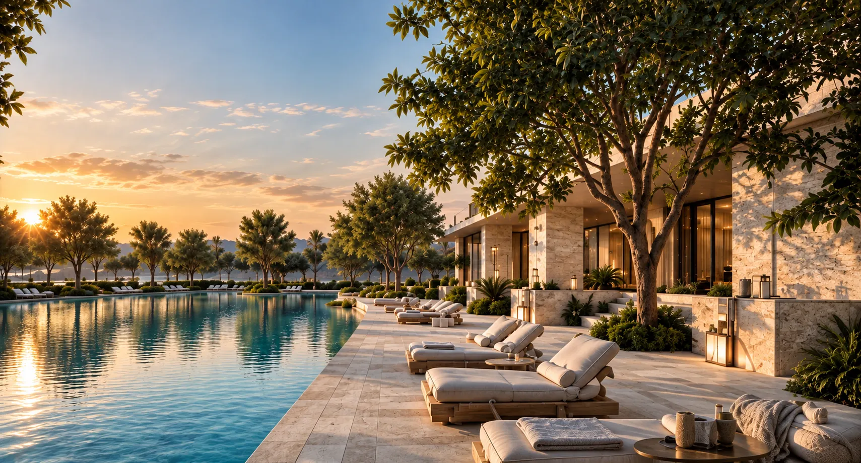 Pool with sun loungers by the Eira residences in Dubai at sunset