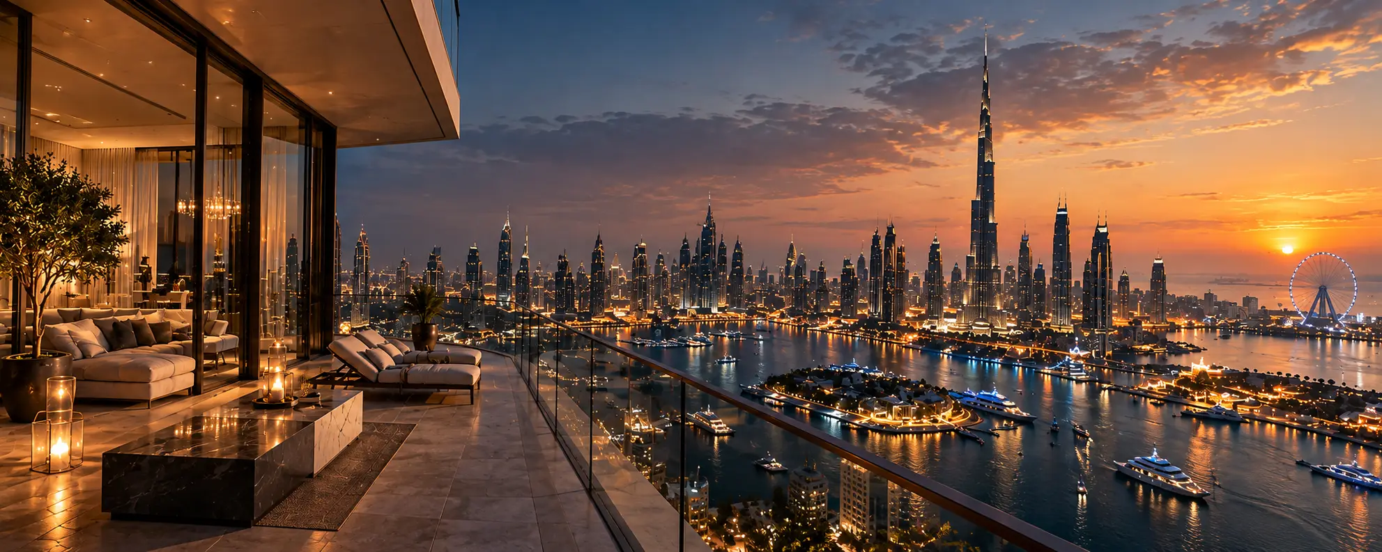 Dubai at dusk seen from a terrace with sofas and candles