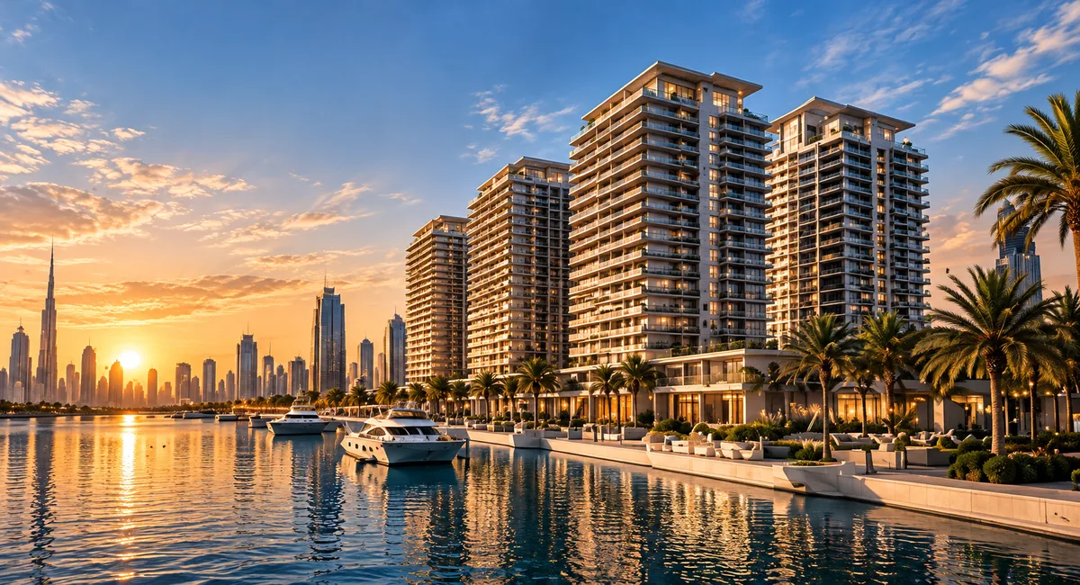 River Cove Residences towers by the water in Sobha City at sunset