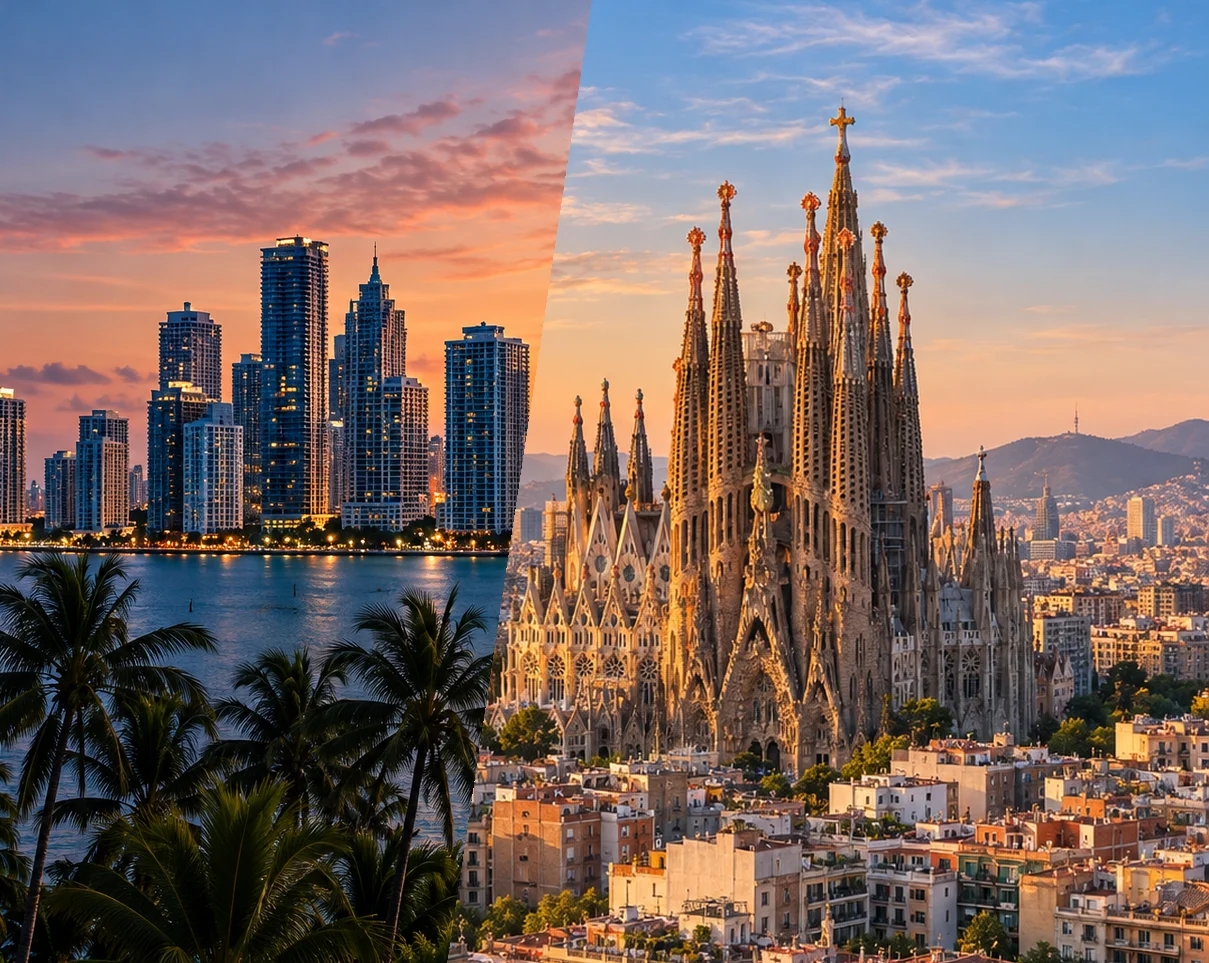 Los rascacielos de Miami junto al agua y la Sagrada Família de Barcelona