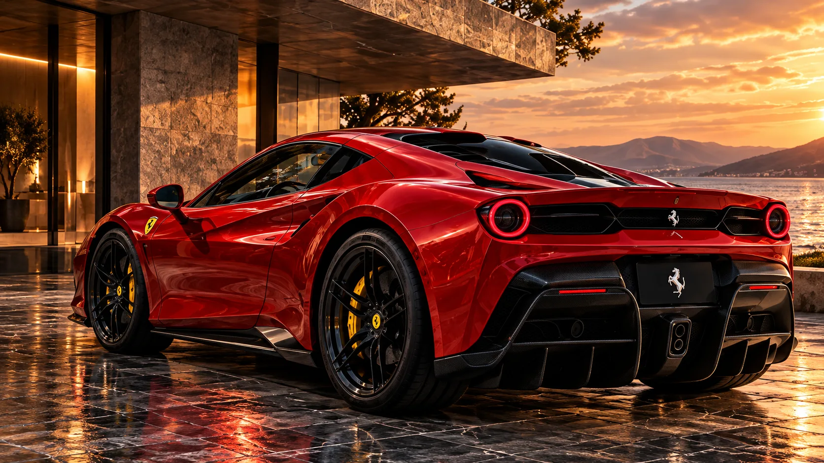 Red Ferrari at sunset in front of a modern house by the sea