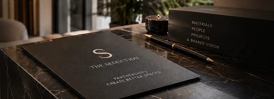 Carpeta de alianzas de The Seduction sobre una mesa de mármol negro