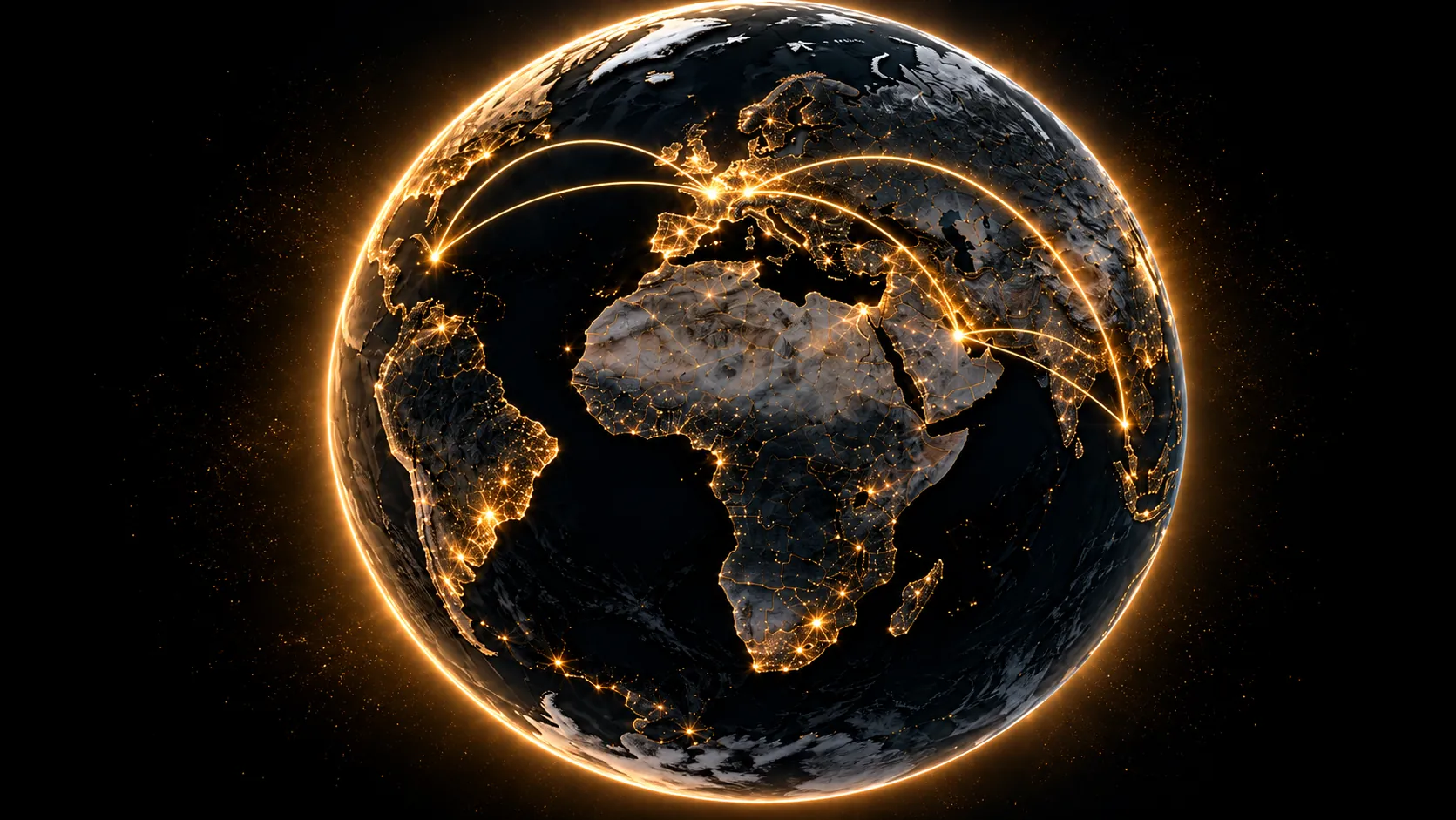 La Tierra de noche con arcos de luz dorada que salen de España hacia Estados Unidos, Reino Unido, Emiratos Árabes Unidos y Vietnam