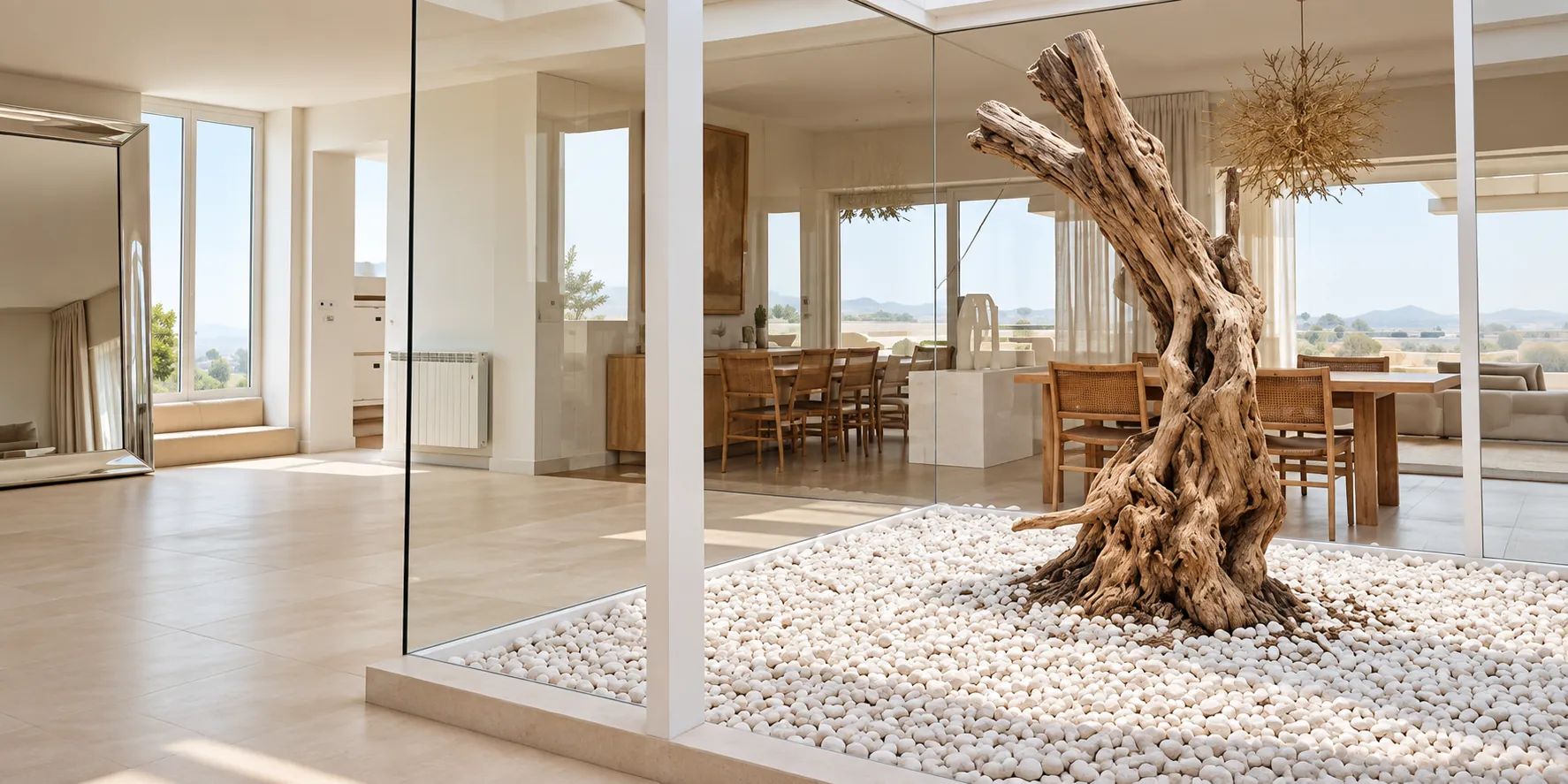 Árbol escultórico tras el vidrio del ático, Penthouse en la Albufera Valencia
