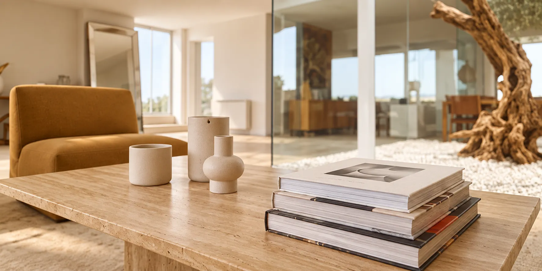 Detalle cálido de mesa, libros y cerámicas, Penthouse en la Albufera Valencia