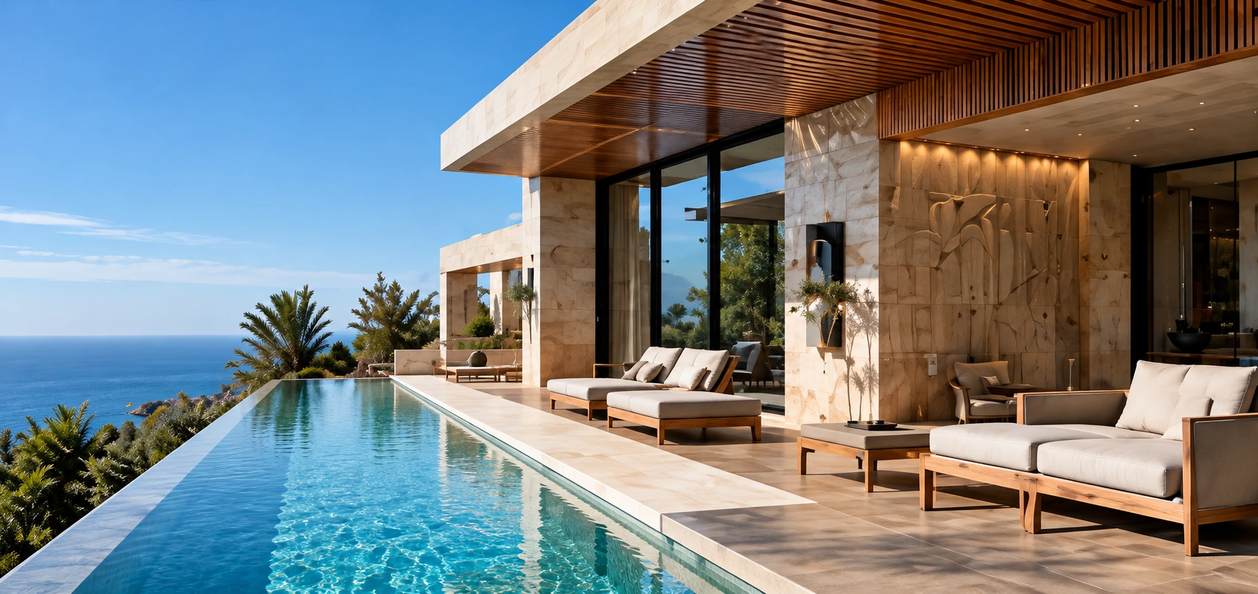 Terraza con piscina desbordante frente al mar