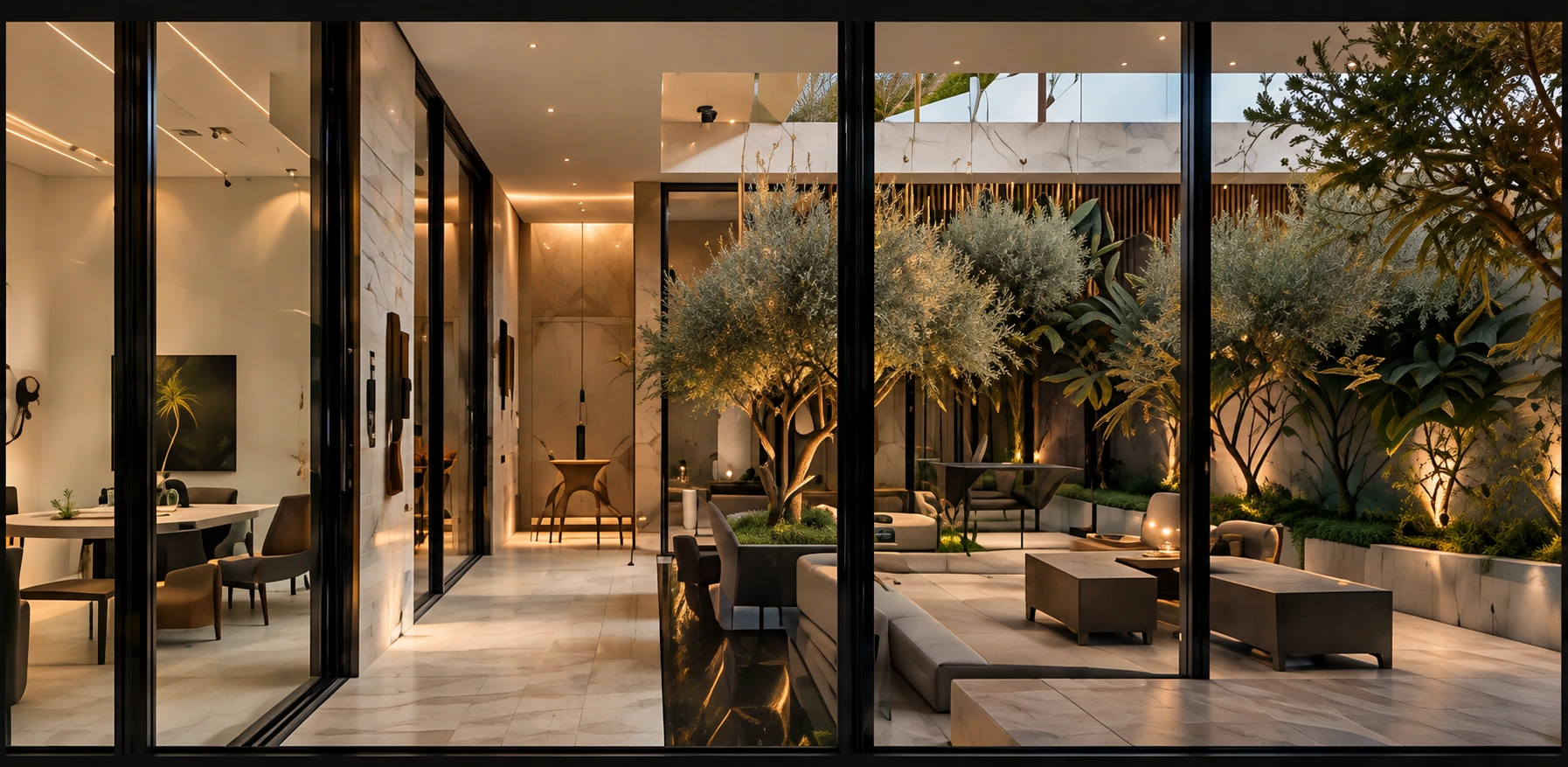 Patio acristalado con olivos dentro de una casa contemporánea