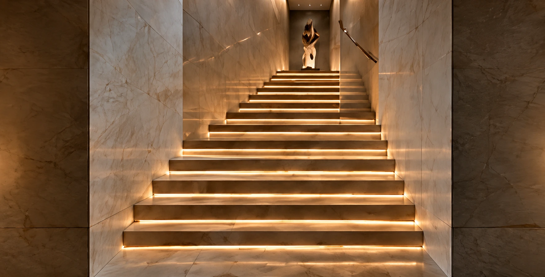 Escalera de piedra iluminada con una escultura al final