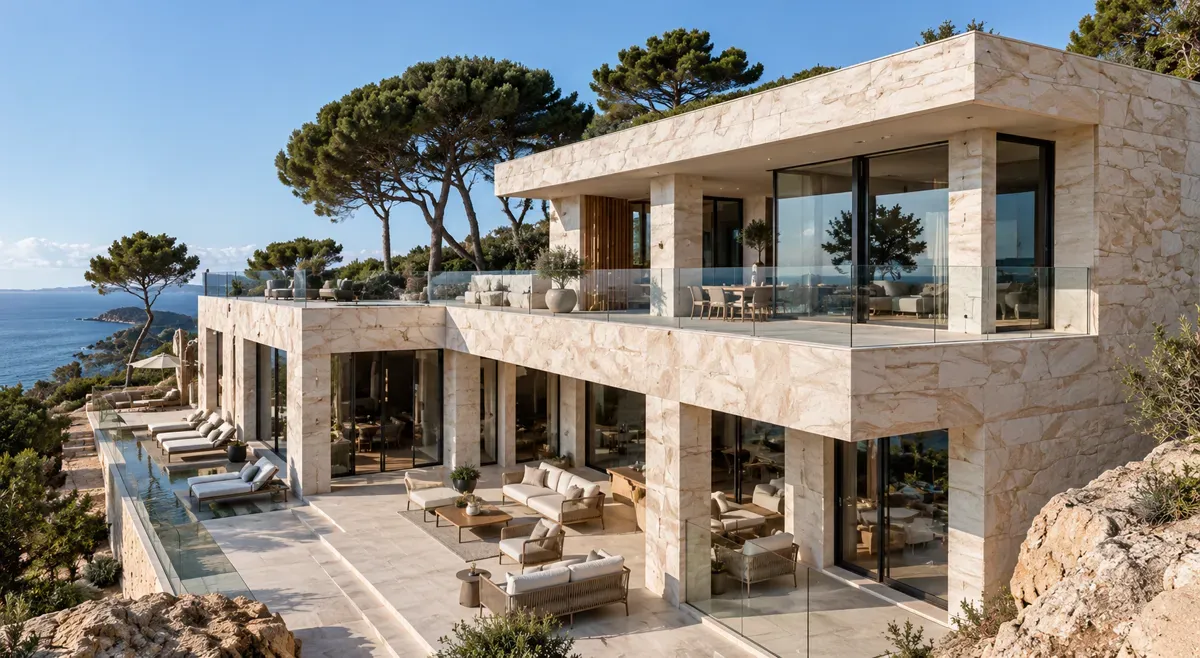 Casa de piedra en construcción junto al mar