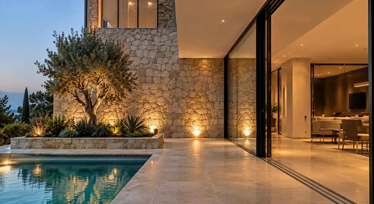 Casa de piedra terminada con un olivo iluminado y piscina