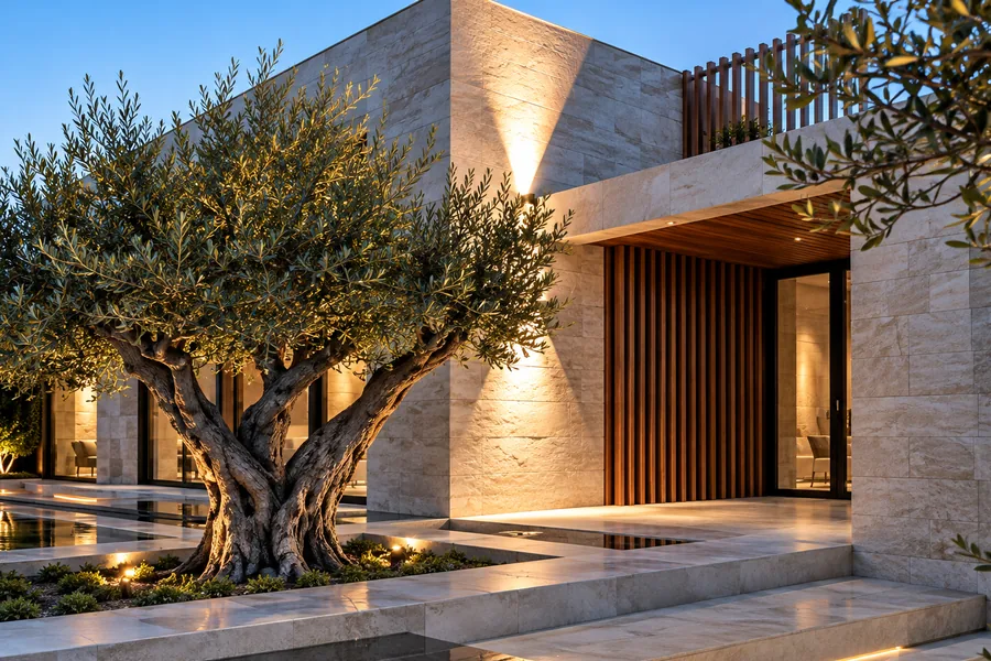Contemporary stone house with an olive tree and timber slats at dusk
