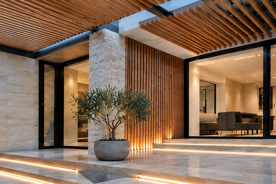 Entrance of a newly built house with stone cladding, timber slats and an olive tree