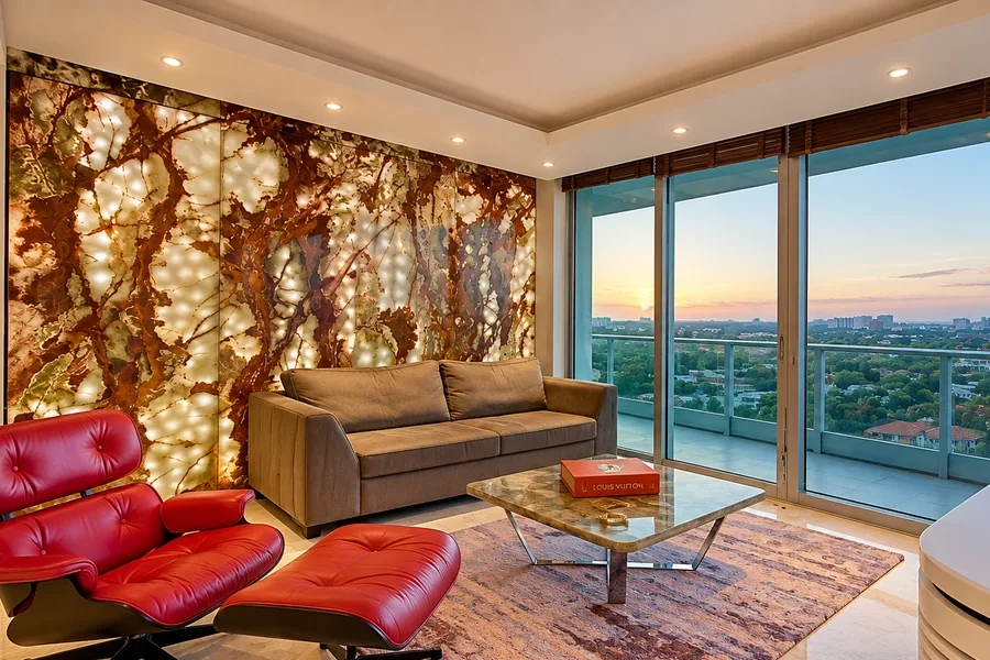 Living room with a red lounge chair, a backlit decorative wall and views over the city